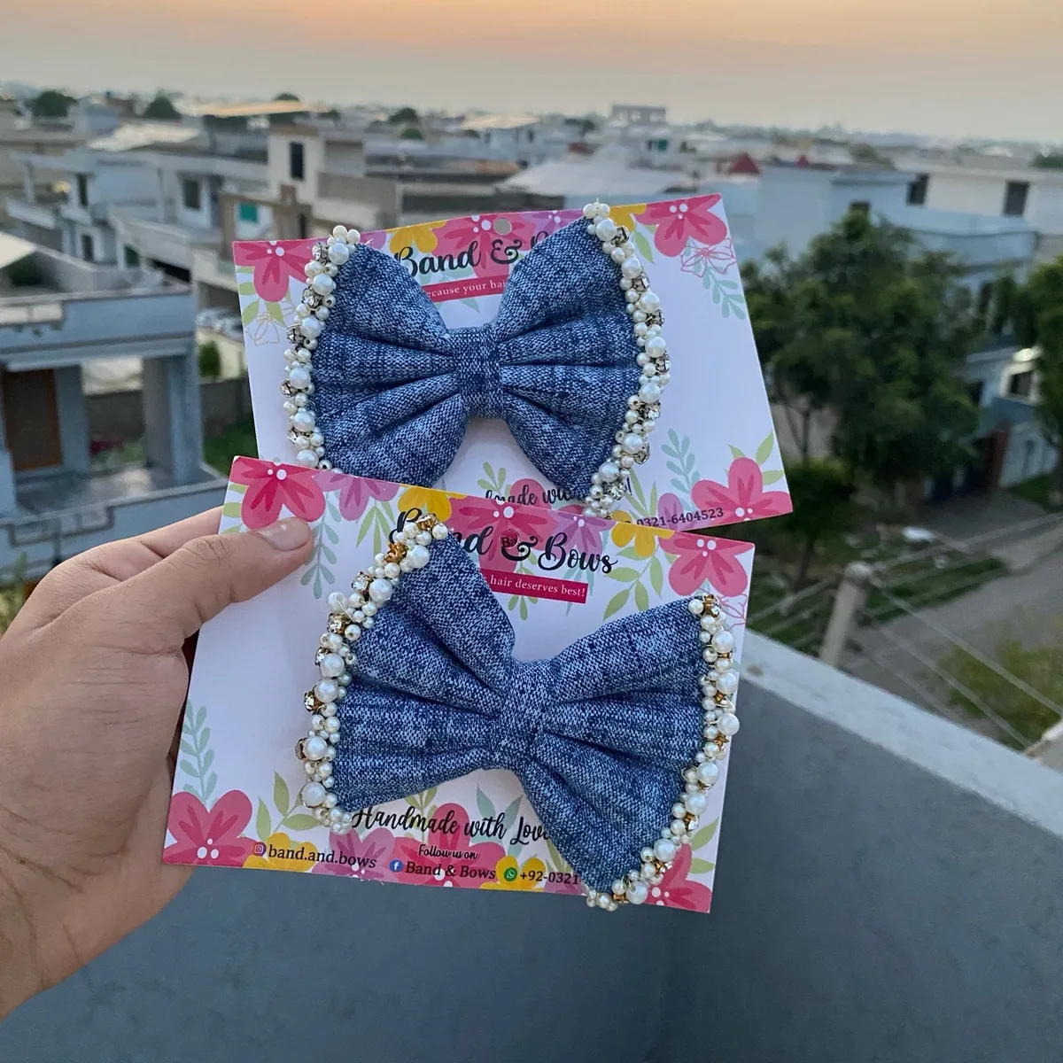 denim pearls hair bow [for all ages] thumbnail 2