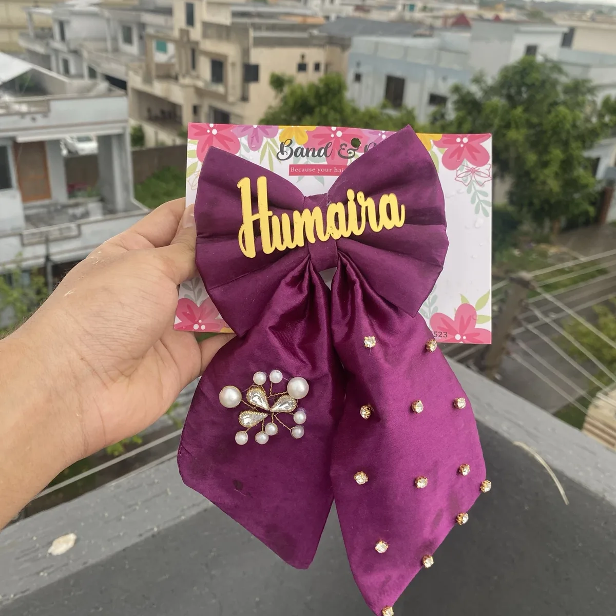 CUSTOMISE NAME HAIR PEARLS BOW PURPLE thumbnail 2